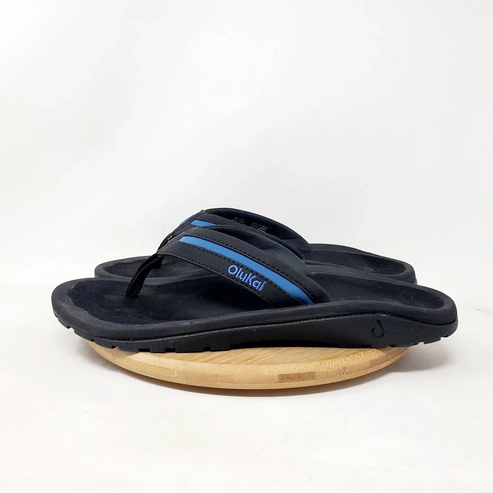 Olukai Ohana Palua Sandals Mens 9 Black Blue Flip Flop Thong Pool Beach Shoes